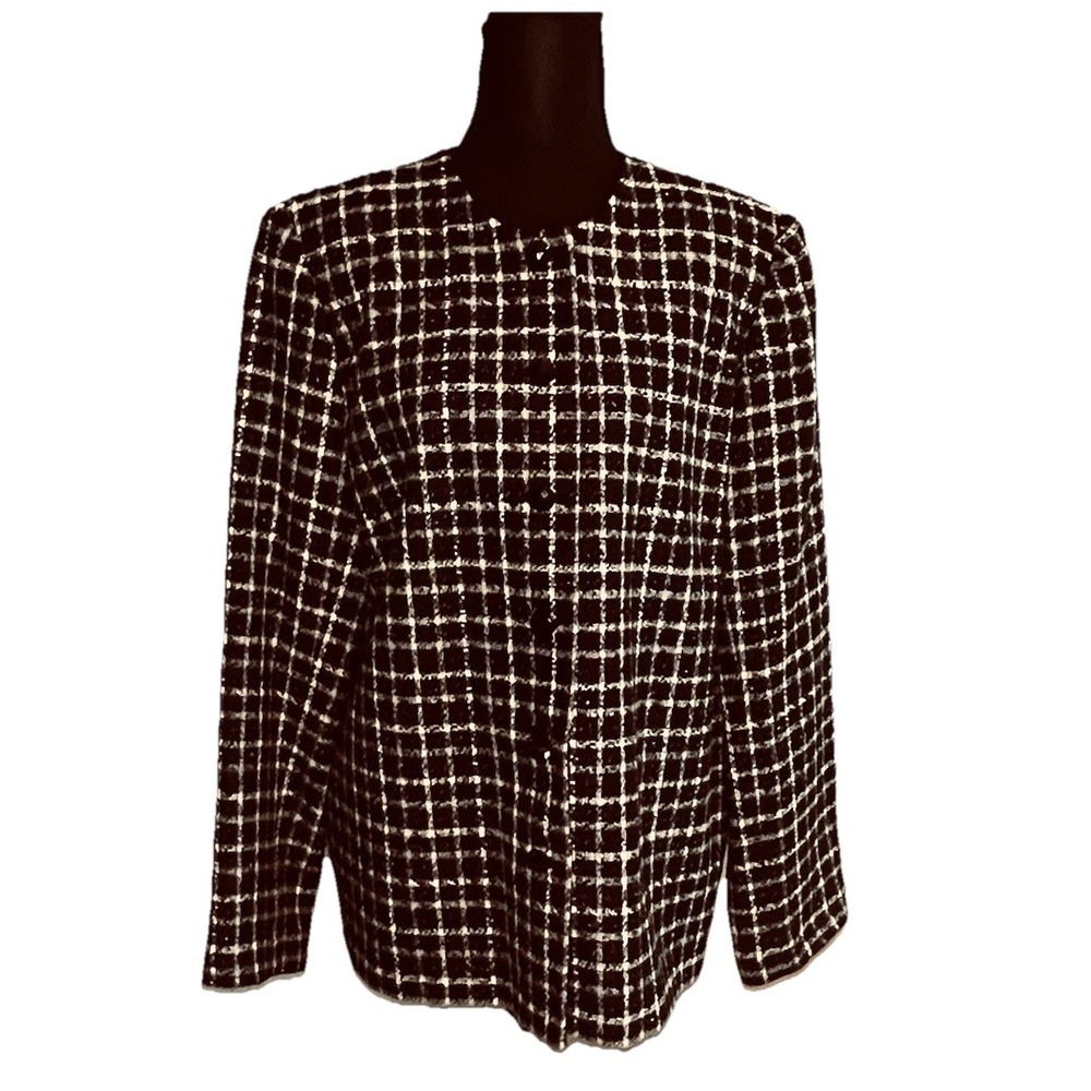 Alfred Dunner Size 14 Black and White Plaid Tweed Blazer Jacket Classic Career‎